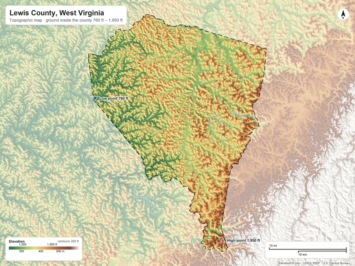 Topographic elevation map of Lewis County, West Virginia, shaded from 760 ft on the northwest side to 1,950 ft on the southeast side
