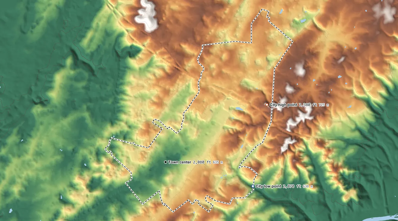 Topographic elevation map of Lewisburg, West Virginia, shaded from 2,070 ft on the east side to 2,380 ft on the northeast side