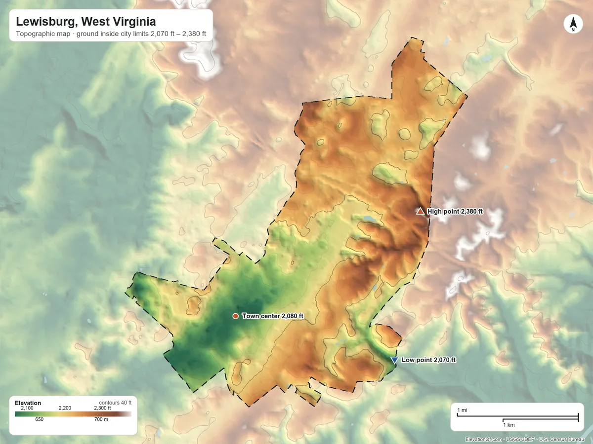 Topographic elevation map of Lewisburg, West Virginia, shaded from 2,070 ft on the east side to 2,380 ft on the northeast side