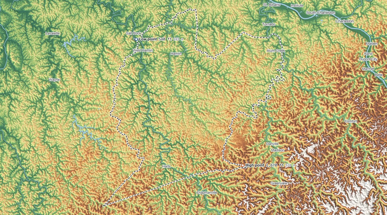 Topographic elevation map of Lincoln County, West Virginia, shaded from 540 ft on the northwest side to 1,670 ft on the southeast side