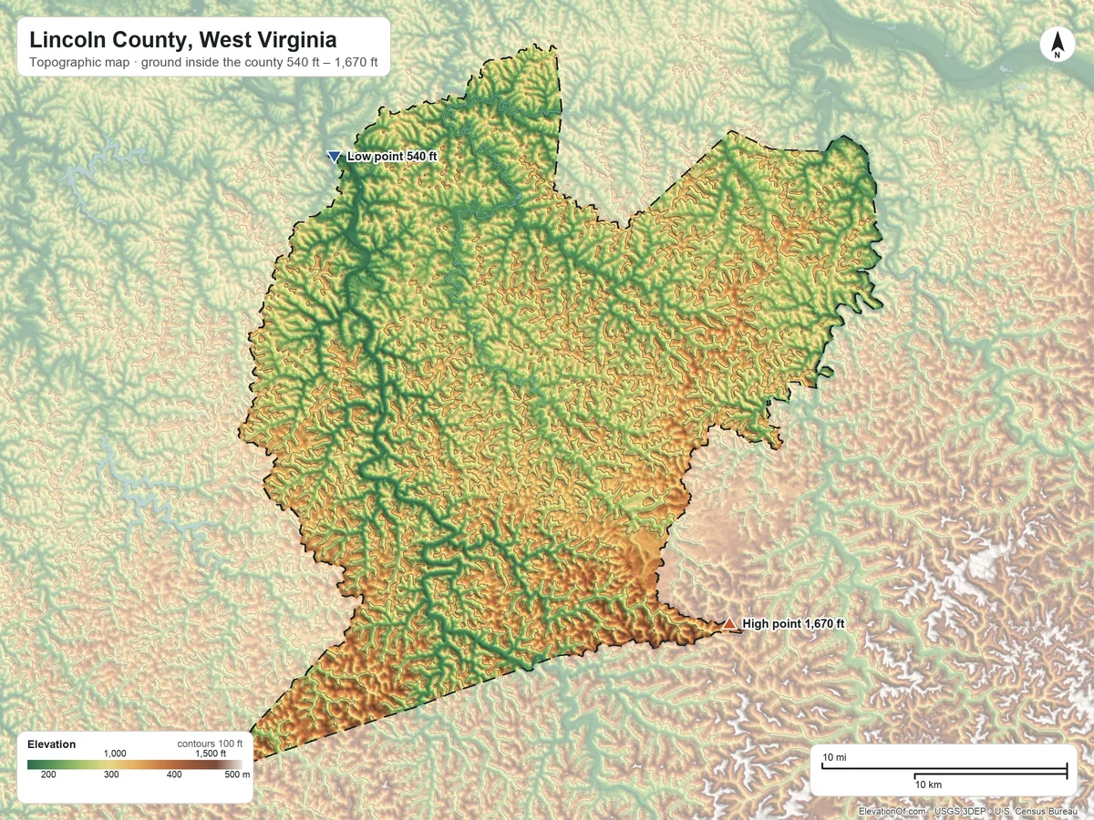 Topographic elevation map of Lincoln County, West Virginia, shaded from 540 ft on the northwest side to 1,670 ft on the southeast side