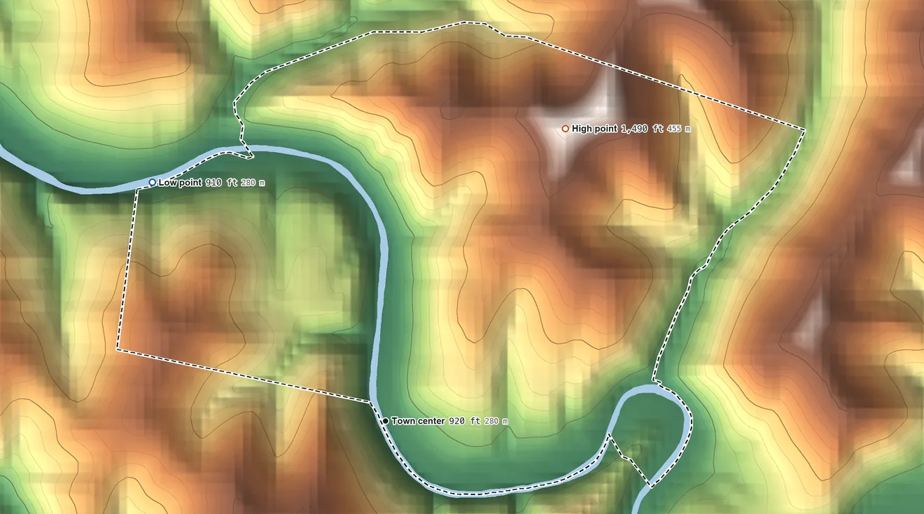 Topographic elevation map of Littleton, West Virginia, shaded from 910 ft on the northwest side to 1,490 ft on the northeast side