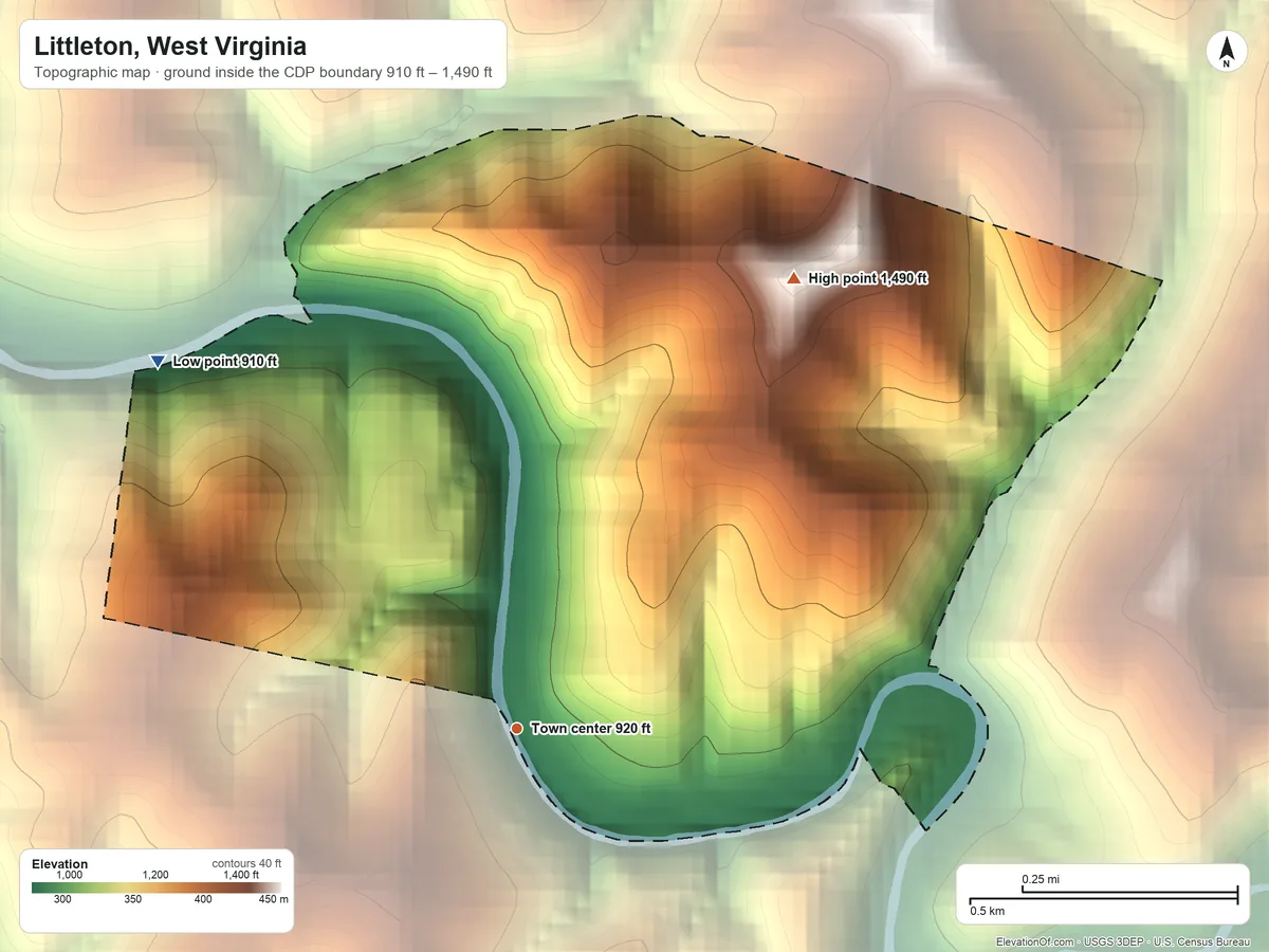 Topographic elevation map of Littleton, West Virginia, shaded from 910 ft on the northwest side to 1,490 ft on the northeast side