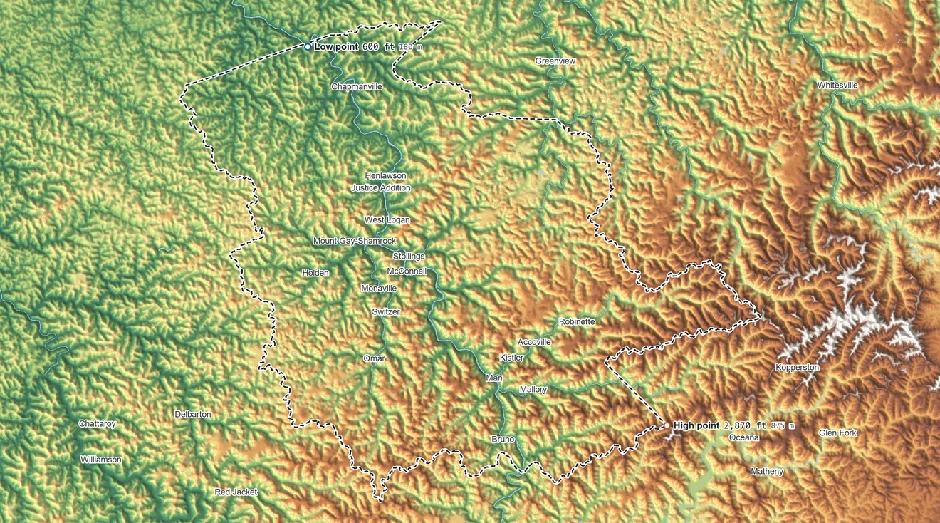Topographic elevation map of Logan County, West Virginia, shaded from 600 ft on the northwest side to 2,870 ft on the southeast side