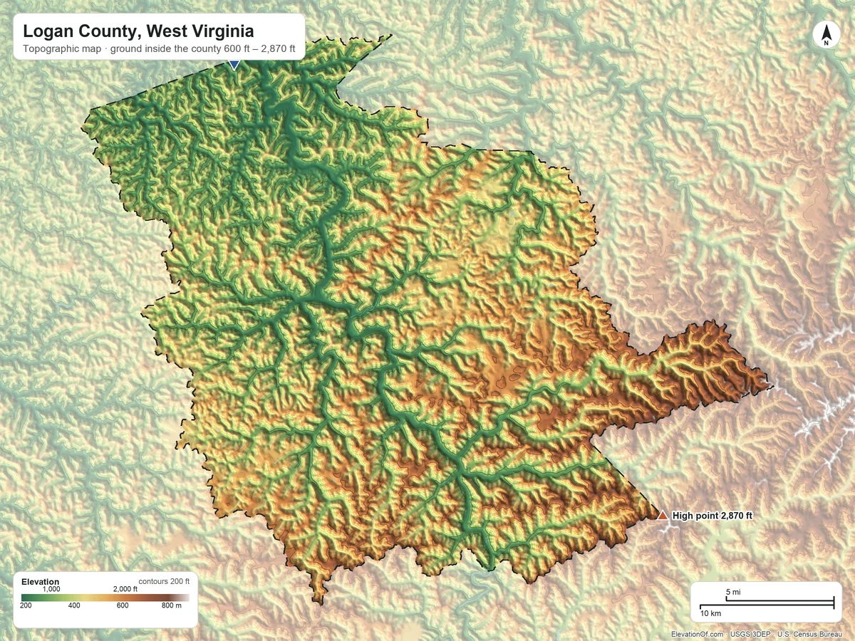 Topographic elevation map of Logan County, West Virginia, shaded from 600 ft on the northwest side to 2,870 ft on the southeast side