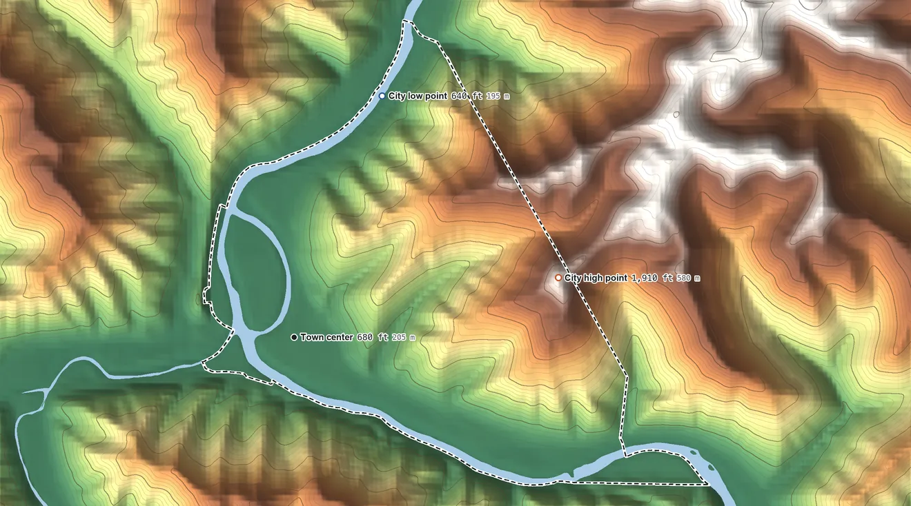 Topographic elevation map of Logan, West Virginia, shaded from 640 ft on the north side to 1,910 ft on the east side