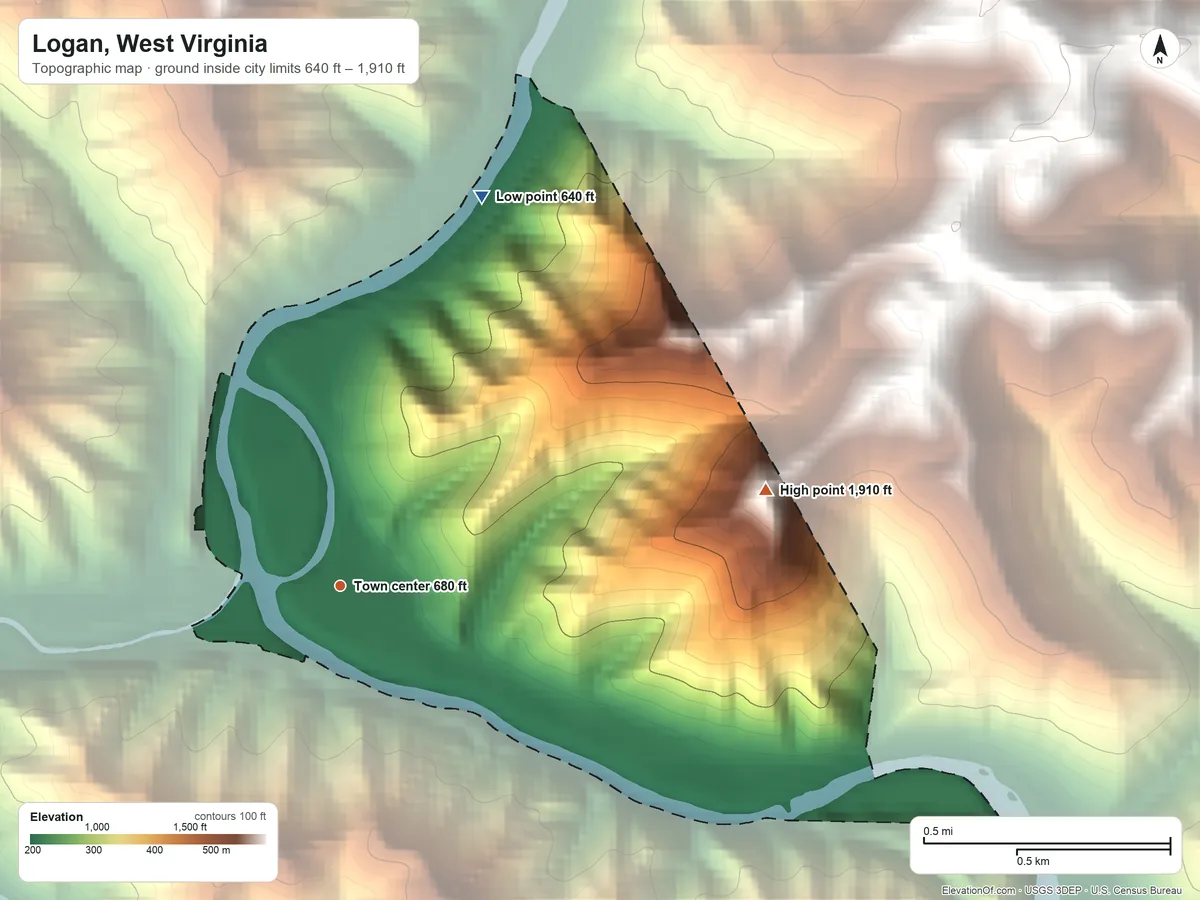Topographic elevation map of Logan, West Virginia, shaded from 640 ft on the north side to 1,910 ft on the east side