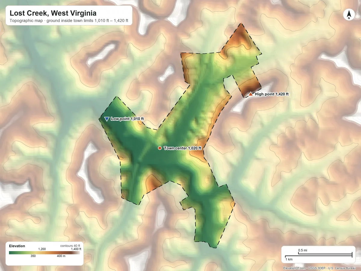 Topographic elevation map of Lost Creek, West Virginia, shaded from 1,010 ft on the northwest side to 1,420 ft on the northeast side