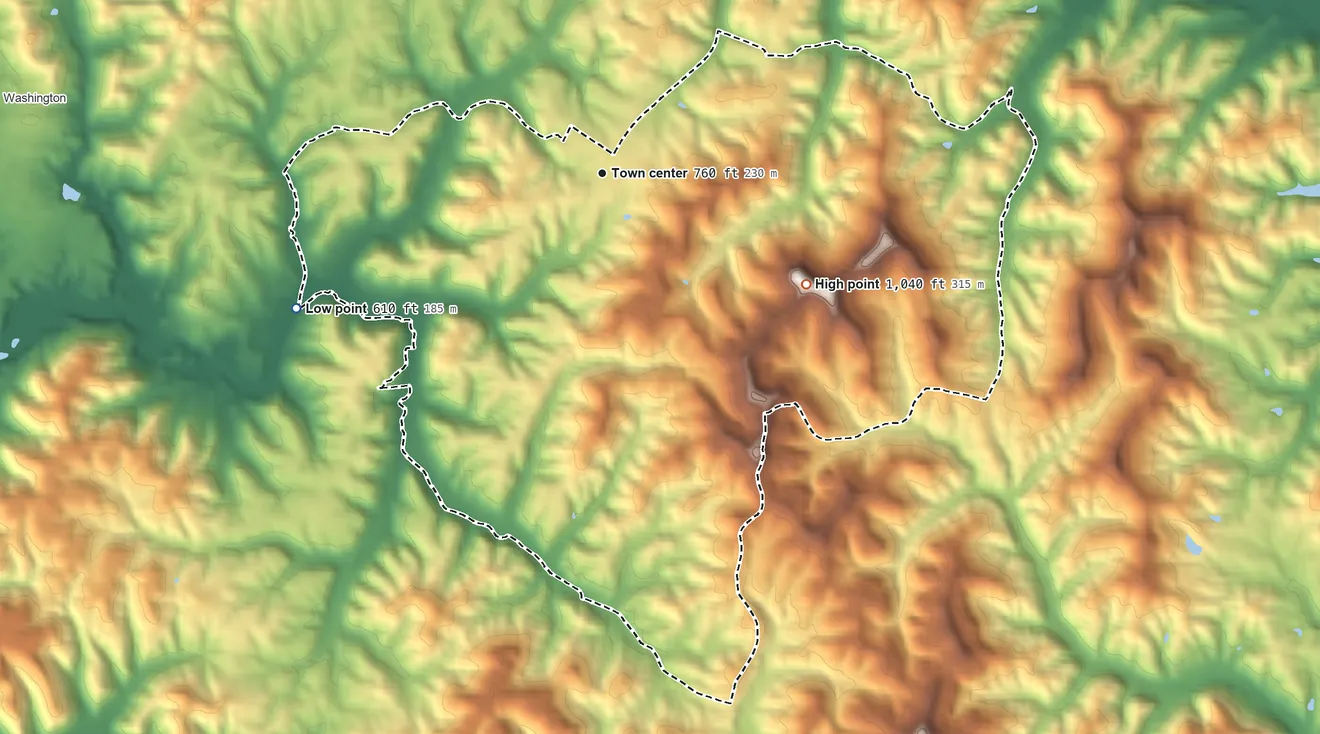 Topographic elevation map of Lubeck, West Virginia, shaded from 610 ft on the southwest side to 1,040 ft on the southeast side