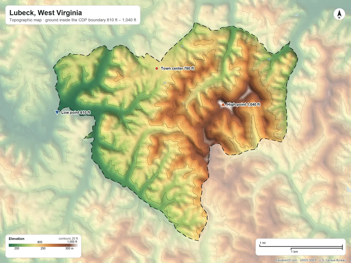Topographic elevation map of Lubeck, West Virginia, shaded from 610 ft on the southwest side to 1,040 ft on the southeast side