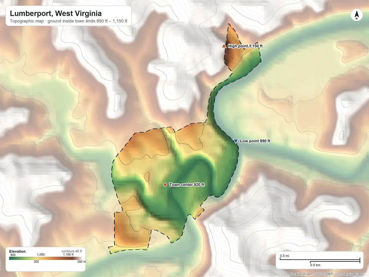 Topographic elevation map of Lumberport, West Virginia, shaded from 890 ft on the northeast side to 1,150 ft on the northeast edge, below higher ground just outside