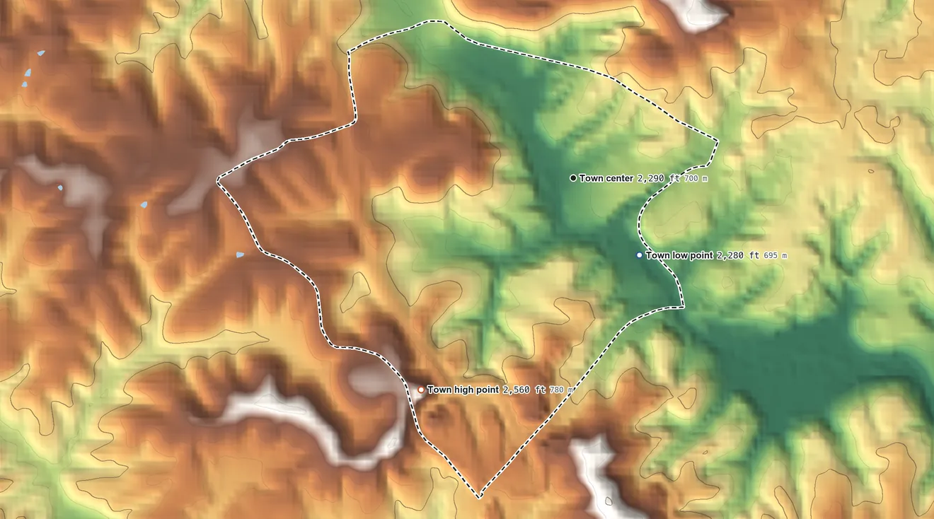 Topographic elevation map of Mabscott, West Virginia, shaded from 2,280 ft on the southeast side to 2,560 ft on the southwest side