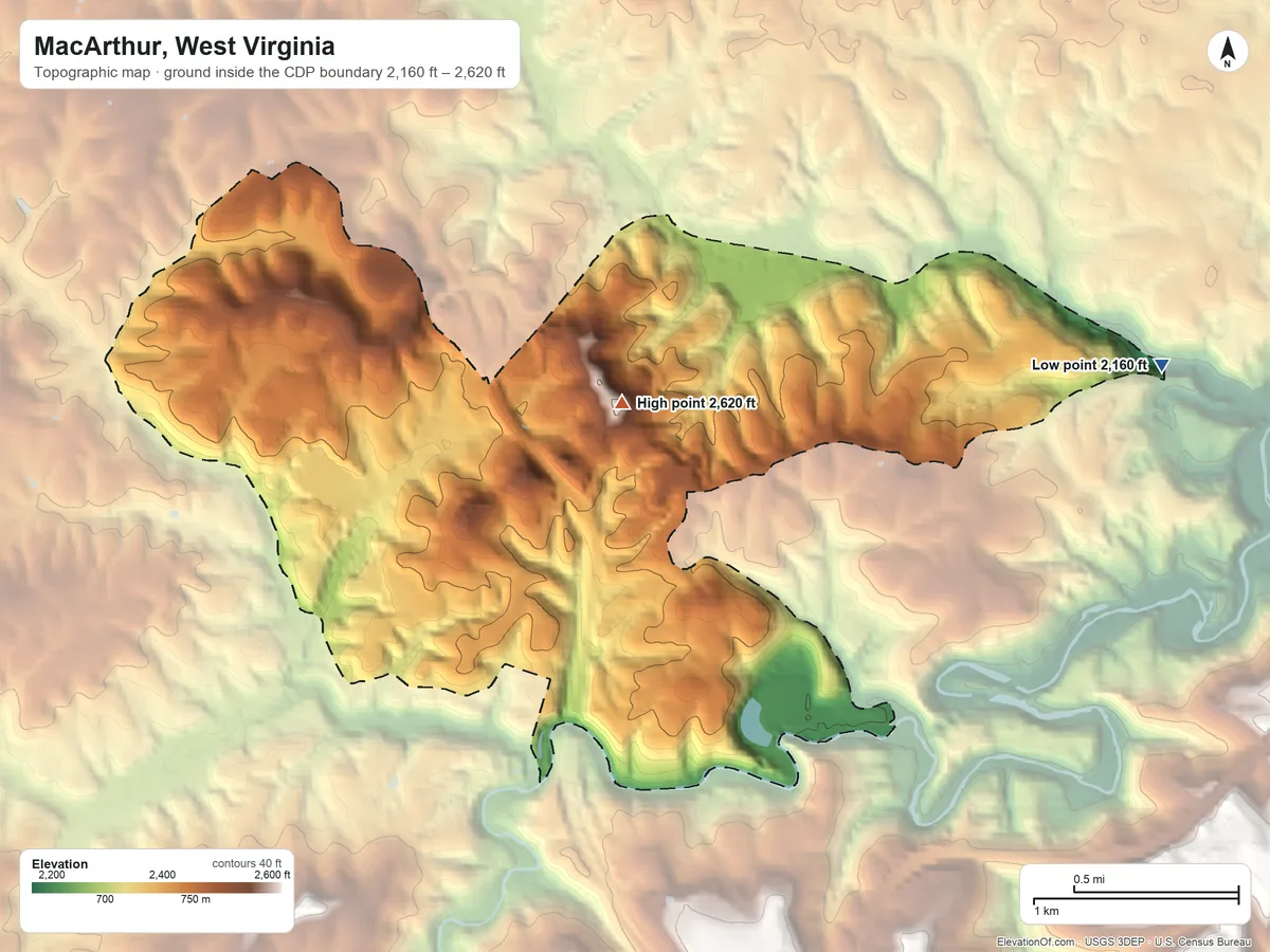 Topographic elevation map of MacArthur, West Virginia, shaded from 2,160 ft on the east side to 2,620 ft on the east side