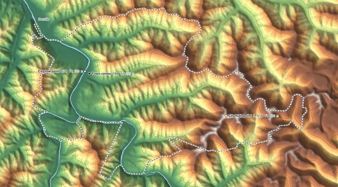 Topographic elevation map of Madison, West Virginia, shaded from 670 ft near the middle to 1,970 ft on Workman Knob