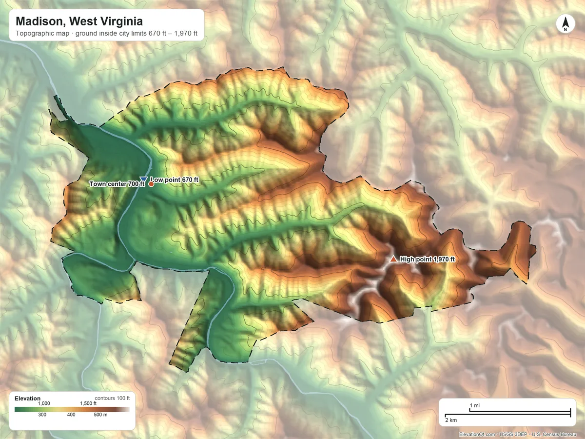 Topographic elevation map of Madison, West Virginia, shaded from 670 ft near the middle to 1,970 ft on Workman Knob