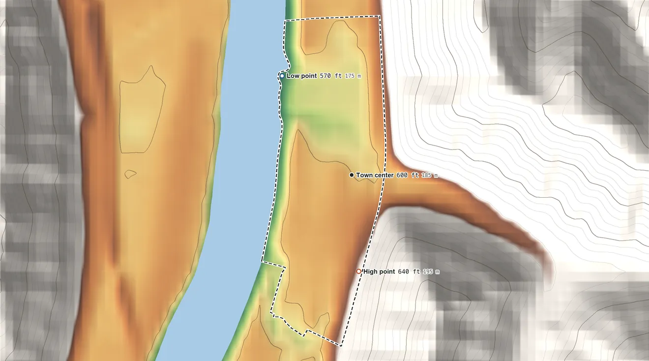 Topographic elevation map of Malden, West Virginia, shaded from 570 ft on the northwest side to 640 ft on the south edge, below higher ground just outside