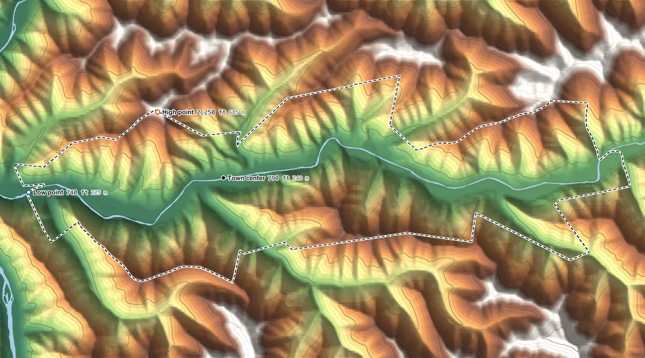 Topographic elevation map of Mallory, West Virginia, shaded from 740 ft on the west side to 2,250 ft on the northwest side