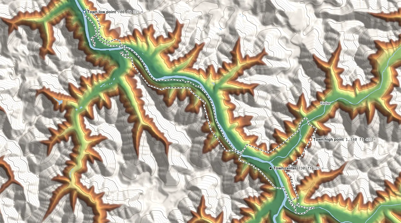 Topographic elevation map of Man, West Virginia, shaded from 700 ft on the northwest side to 1,340 ft at the foot of the Huff Mountain