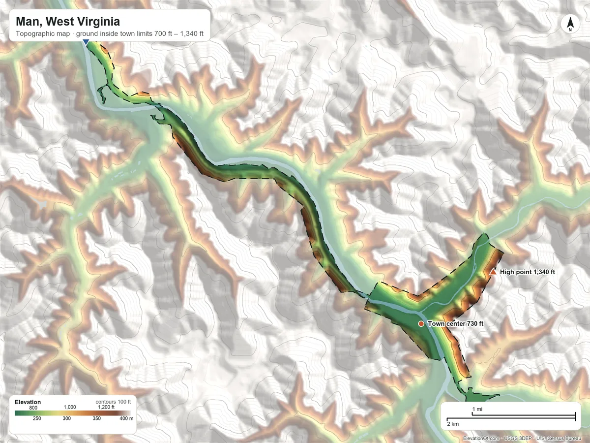 Topographic elevation map of Man, West Virginia, shaded from 700 ft on the northwest side to 1,340 ft at the foot of the Huff Mountain