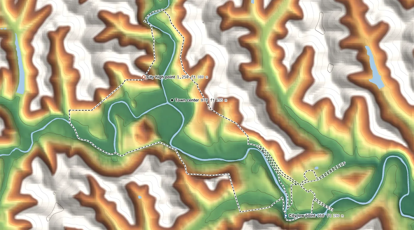Topographic elevation map of Mannington, West Virginia, shaded from 960 ft on the southeast side to 1,250 ft on the northwest edge, below higher ground just outside