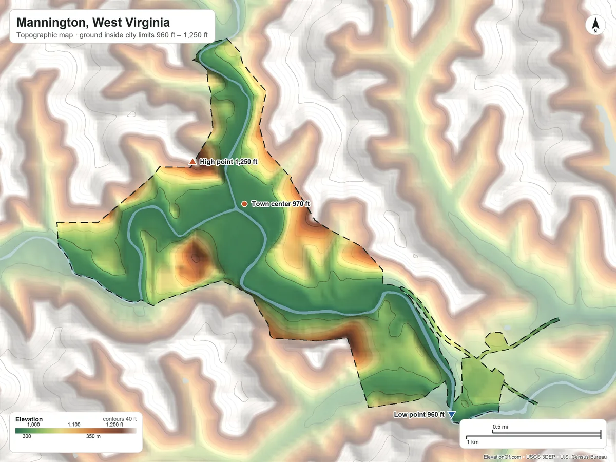 Topographic elevation map of Mannington, West Virginia, shaded from 960 ft on the southeast side to 1,250 ft on the northwest edge, below higher ground just outside