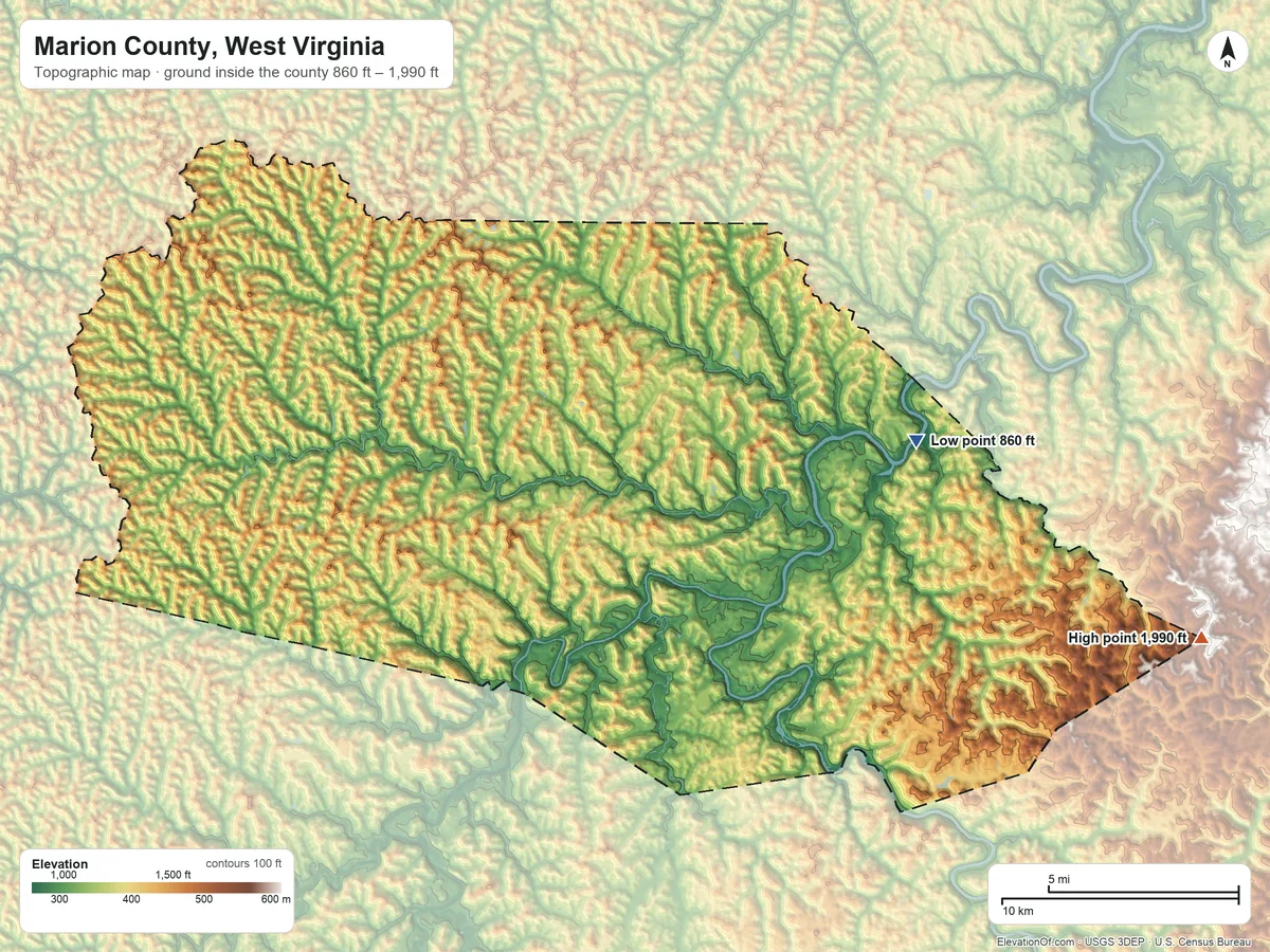 Topographic elevation map of Marion County, West Virginia, shaded from 860 ft on the east side to 1,990 ft on the east side