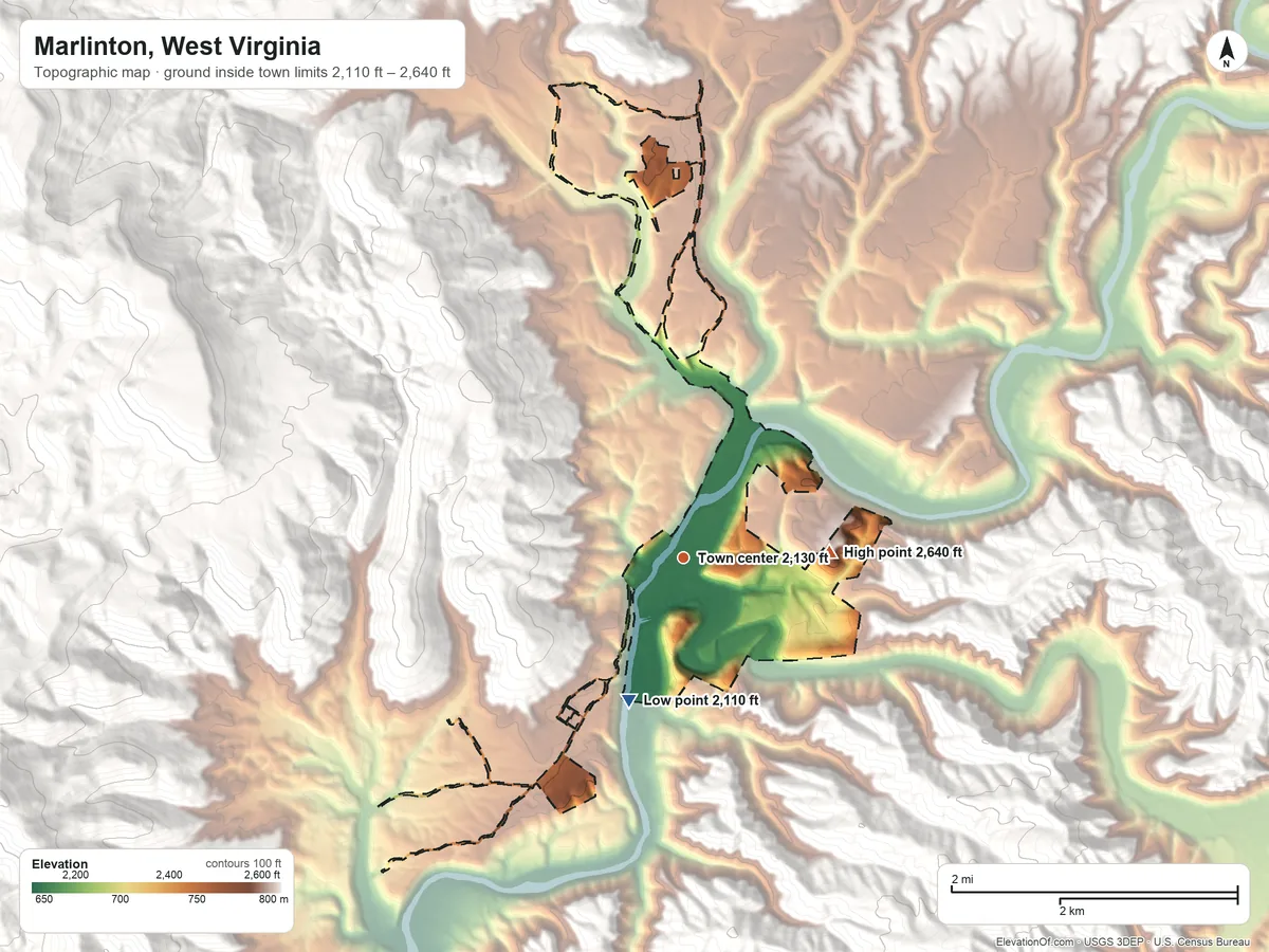 Topographic elevation map of Marlinton, West Virginia, shaded from 2,110 ft on the south side to 2,640 ft at the foot of the Yew Mountains