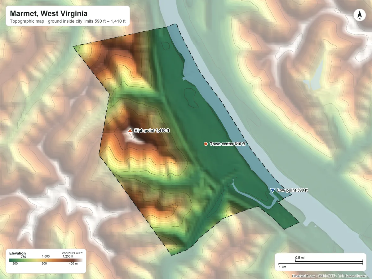 Topographic elevation map of Marmet, West Virginia, shaded from 590 ft on the southeast side to 1,410 ft on the west side
