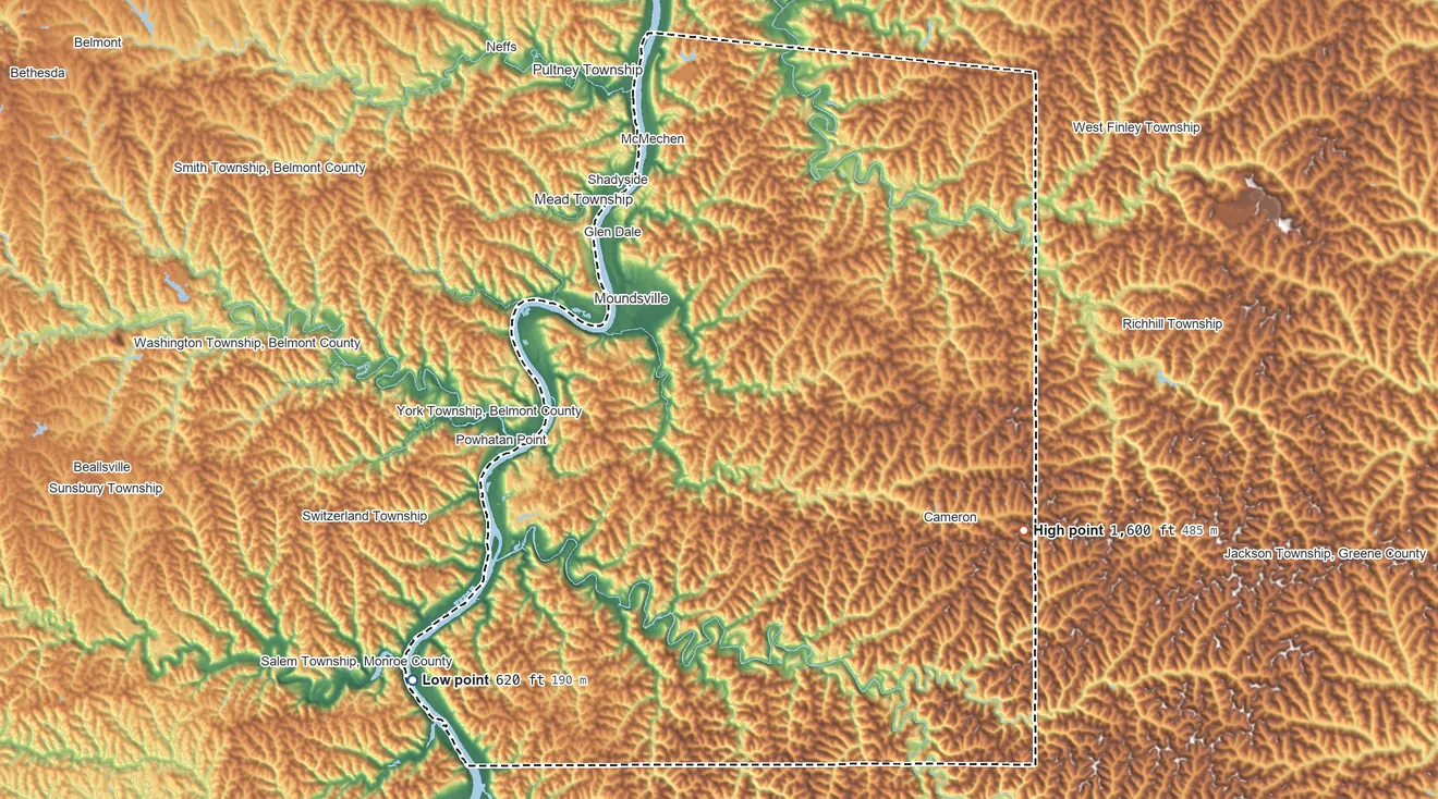 Topographic elevation map of Marshall County, West Virginia, shaded from 620 ft on the southwest side to 1,600 ft on the southeast side