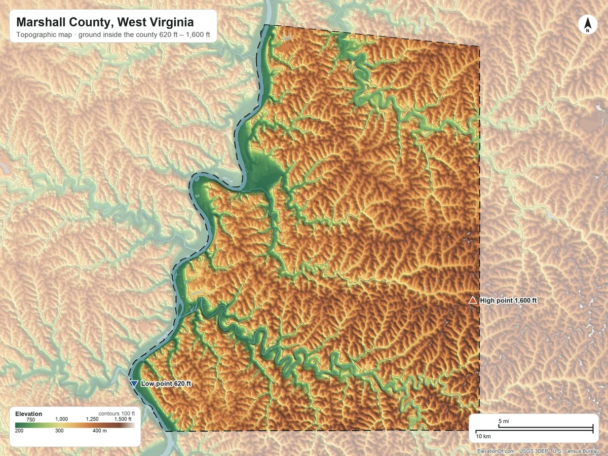 Topographic elevation map of Marshall County, West Virginia, shaded from 620 ft on the southwest side to 1,600 ft on the southeast side