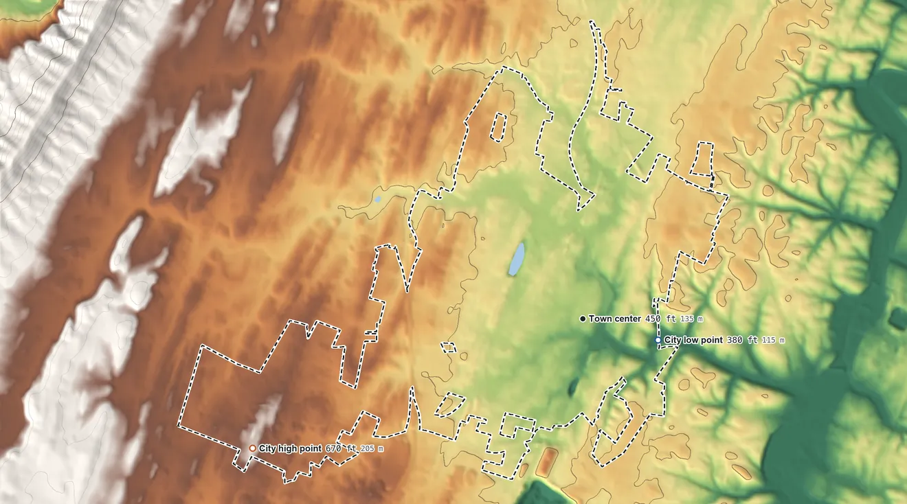 Topographic elevation map of Martinsburg, West Virginia, shaded from 380 ft on the east side to 670 ft on the west side