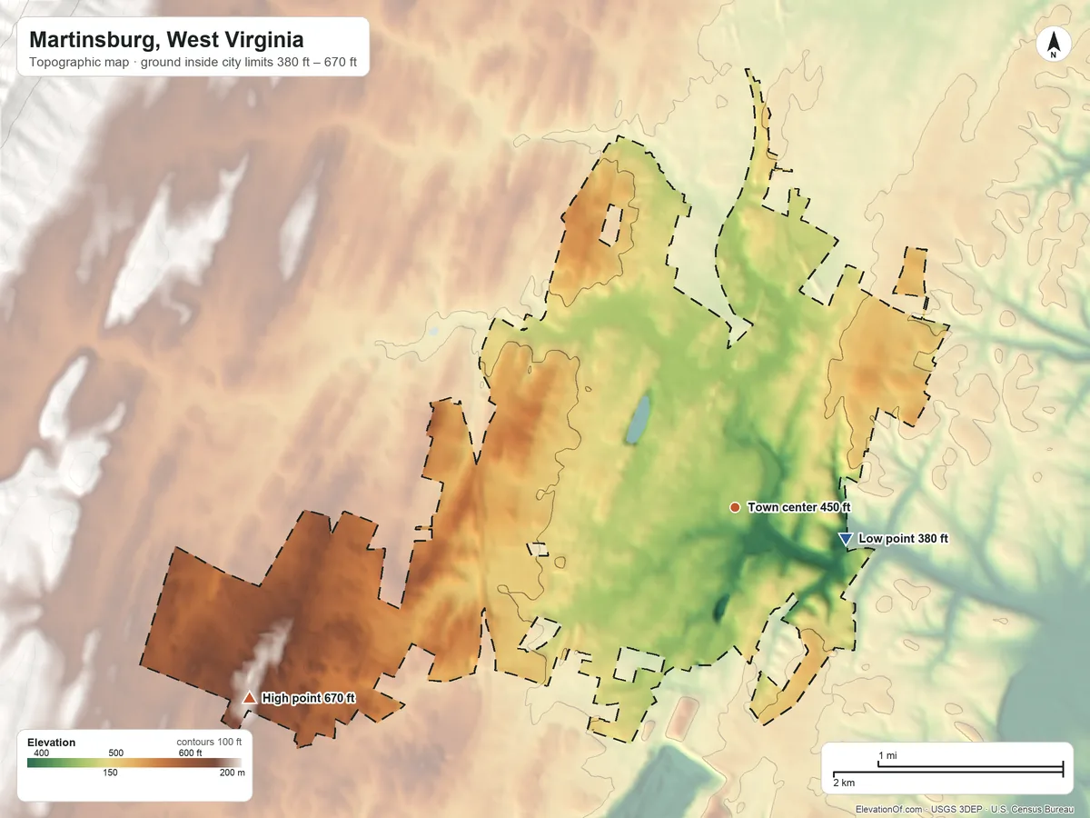 Topographic elevation map of Martinsburg, West Virginia, shaded from 380 ft on the east side to 670 ft on the west side