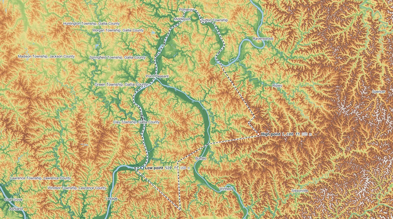 Topographic elevation map of Mason County, West Virginia, shaded from 520 ft on the southwest side to 1,100 ft on the east side
