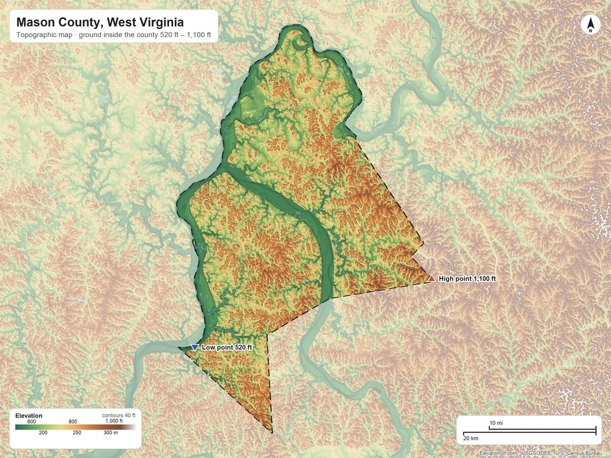 Topographic elevation map of Mason County, West Virginia, shaded from 520 ft on the southwest side to 1,100 ft on the east side
