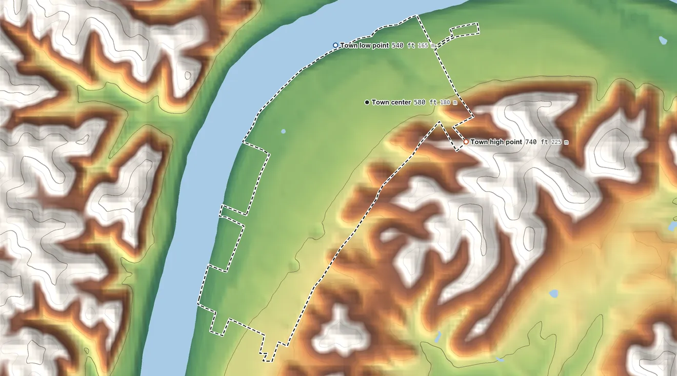 Topographic elevation map of Mason, West Virginia, shaded from 540 ft on the northwest side to 740 ft on the east side