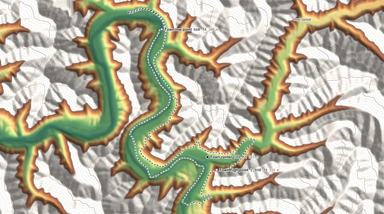 Topographic elevation map of Matewan, West Virginia, shaded from 660 ft on the north side to 1,040 ft on the southeast edge, below higher ground just outside