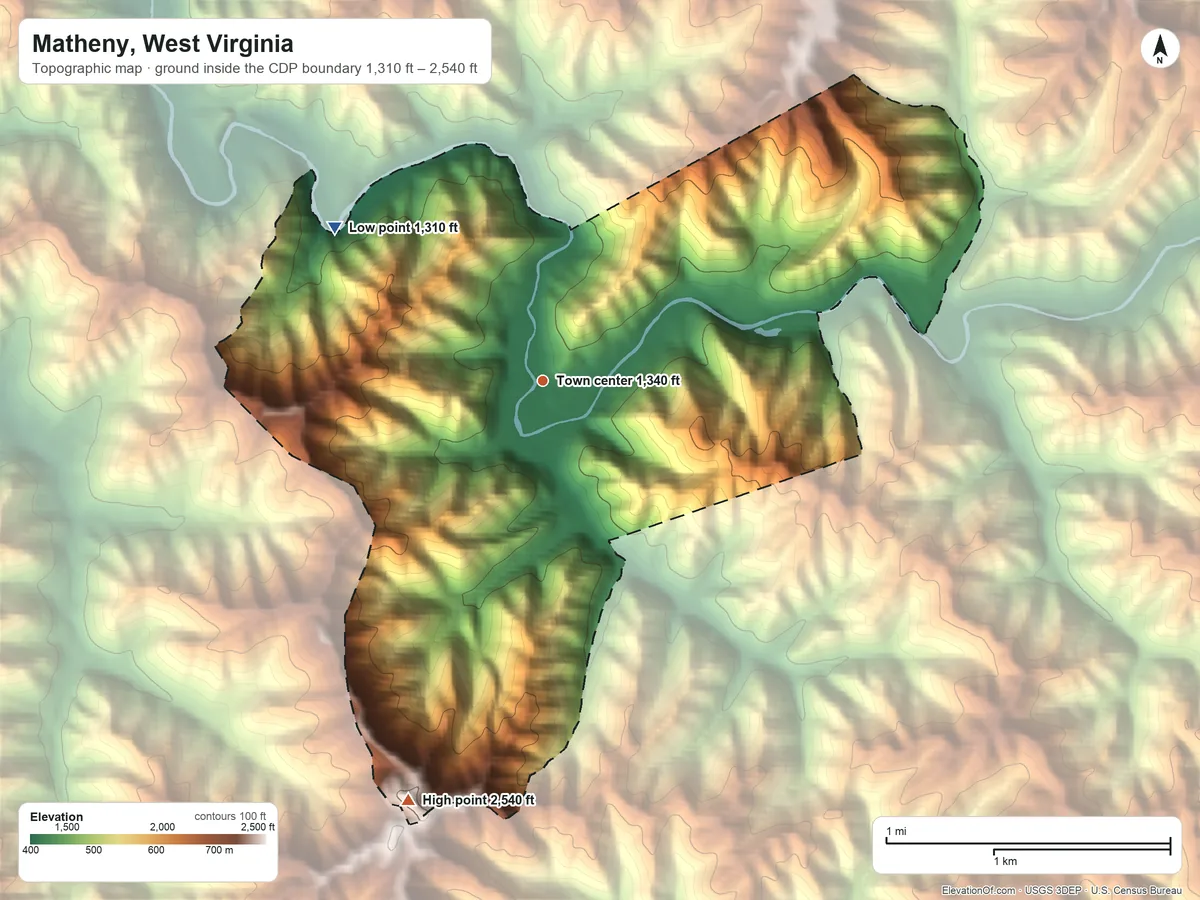 Topographic elevation map of Matheny, West Virginia, shaded from 1,310 ft on the northwest side to 2,540 ft on the south side
