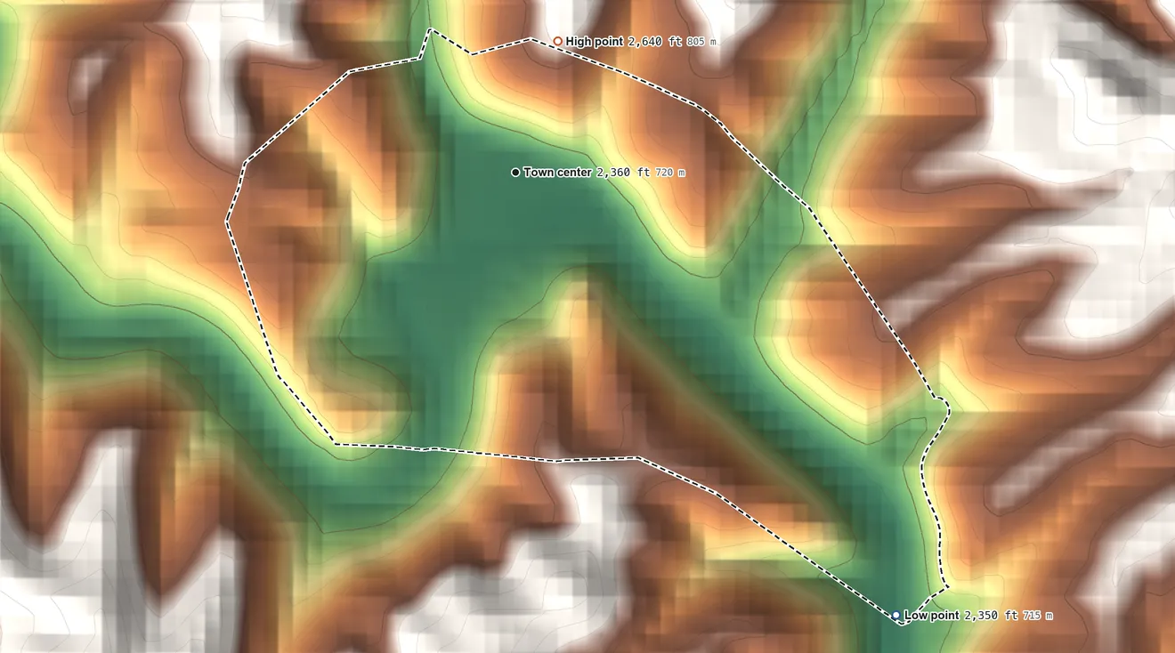 Topographic elevation map of Matoaka, West Virginia, shaded from 2,350 ft on the southeast side to 2,640 ft on the north edge, below higher ground just outside