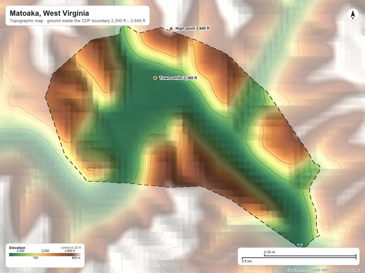Topographic elevation map of Matoaka, West Virginia, shaded from 2,350 ft on the southeast side to 2,640 ft on the north edge, below higher ground just outside