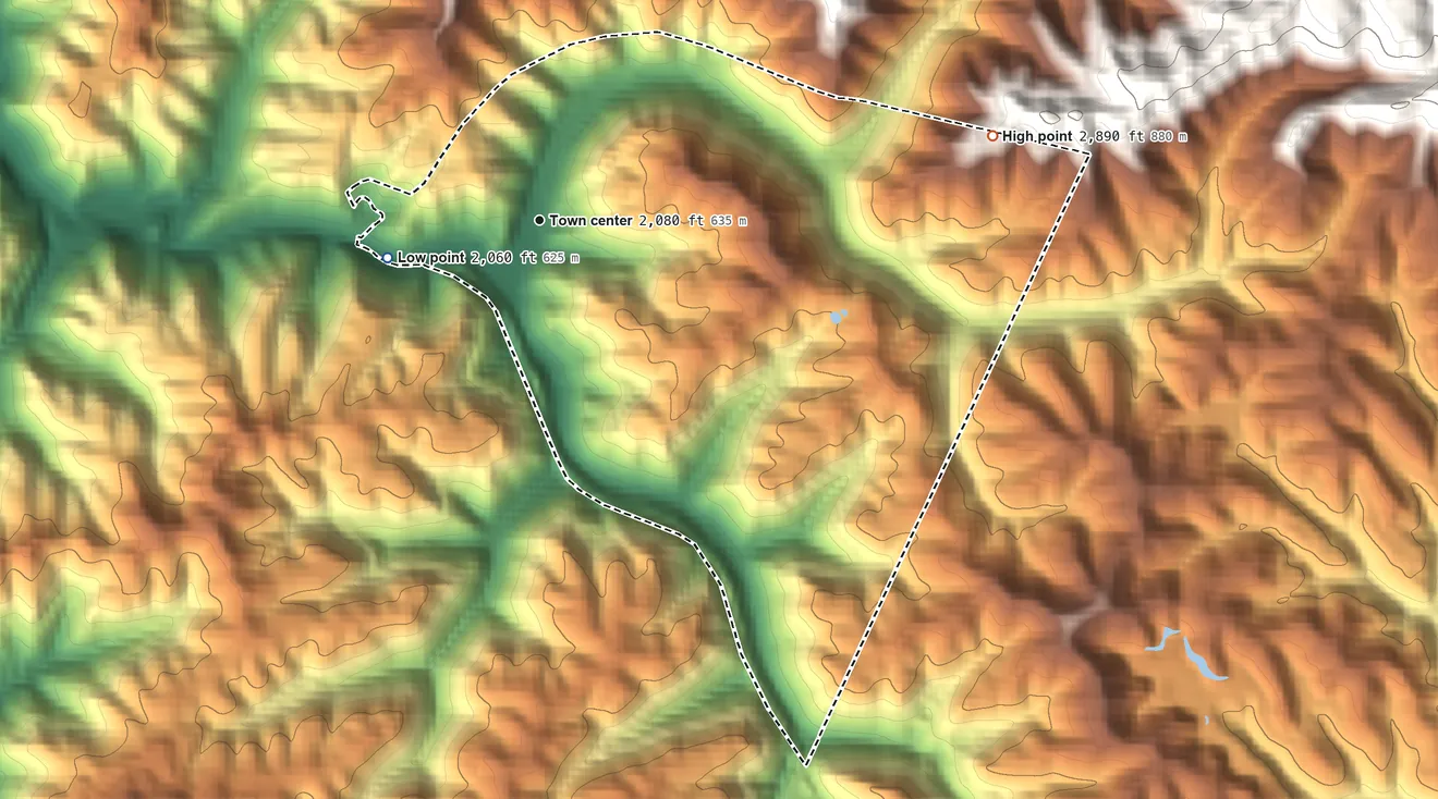 Topographic elevation map of Maybeury, West Virginia, shaded from 2,060 ft on the west side to 2,890 ft on the east edge, below higher ground just outside