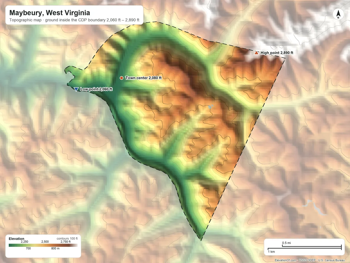 Topographic elevation map of Maybeury, West Virginia, shaded from 2,060 ft on the west side to 2,890 ft on the east edge, below higher ground just outside