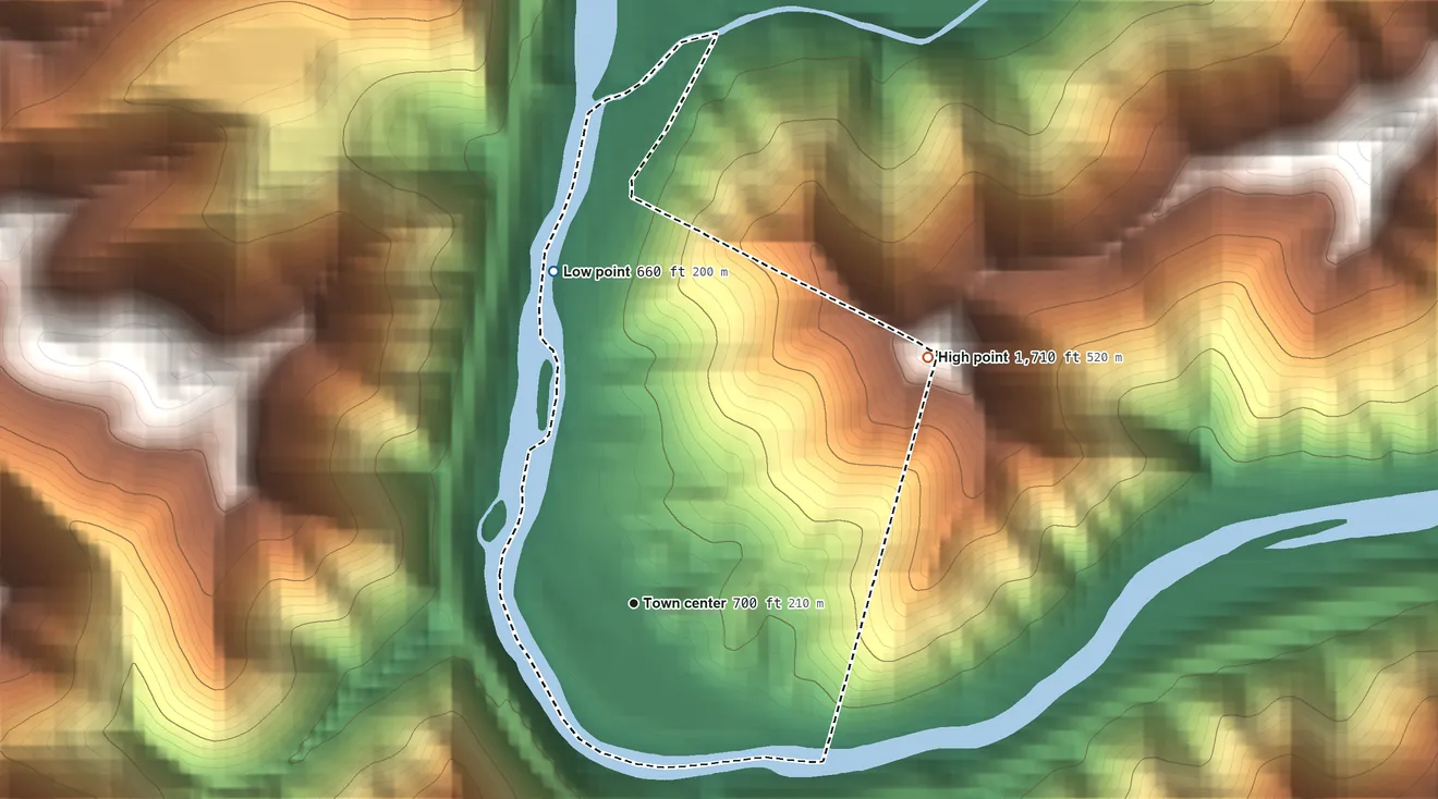 Topographic elevation map of McConnell, West Virginia, shaded from 660 ft on the north side to 1,710 ft on the northeast side