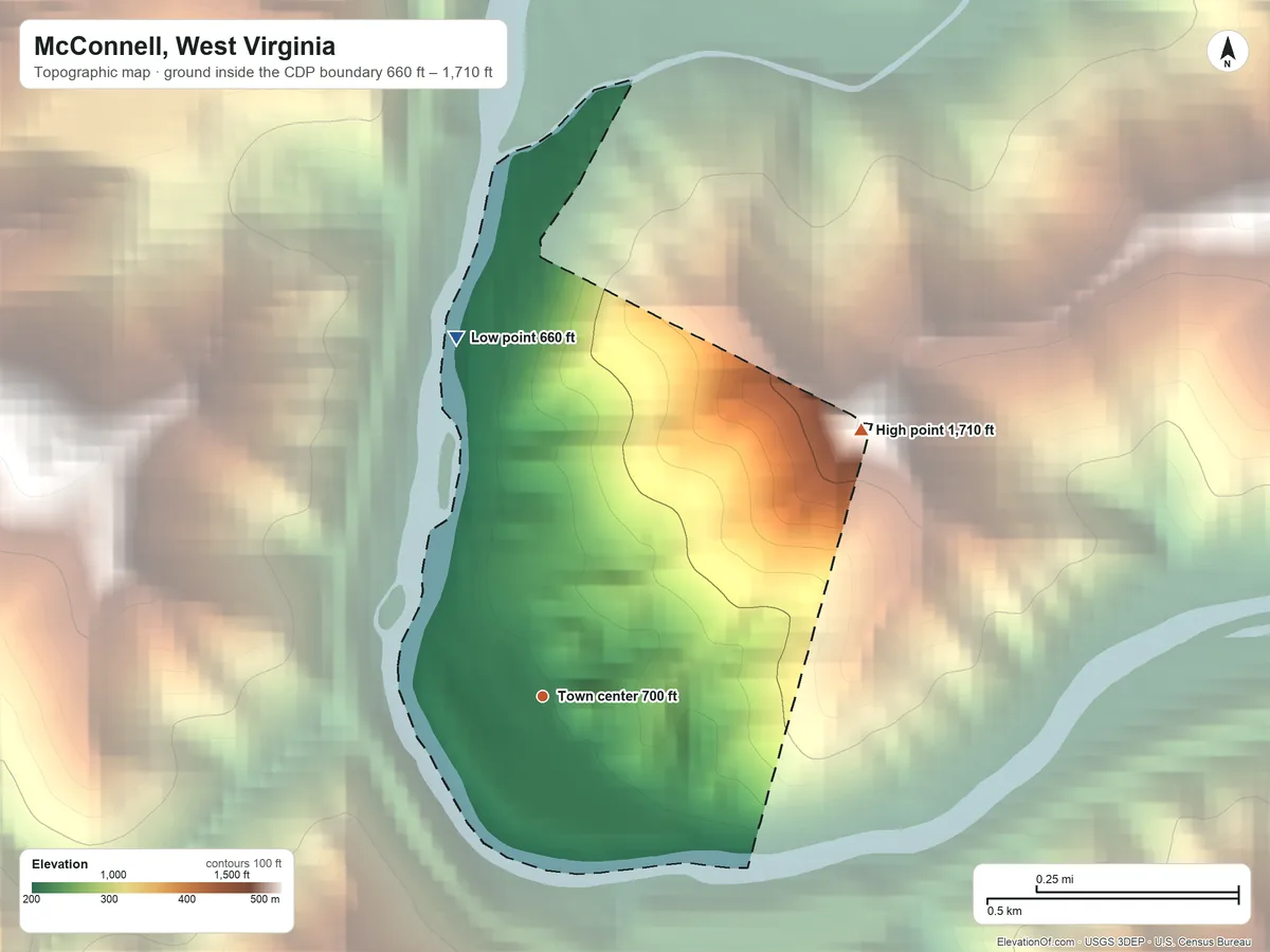 Topographic elevation map of McConnell, West Virginia, shaded from 660 ft on the north side to 1,710 ft on the northeast side