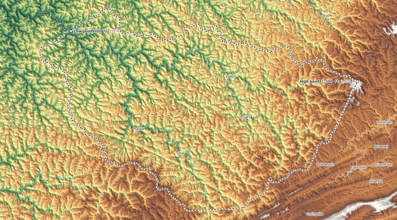 Topographic elevation map of McDowell County, West Virginia, shaded from 900 ft on the northwest side to 3,400 ft on the east side