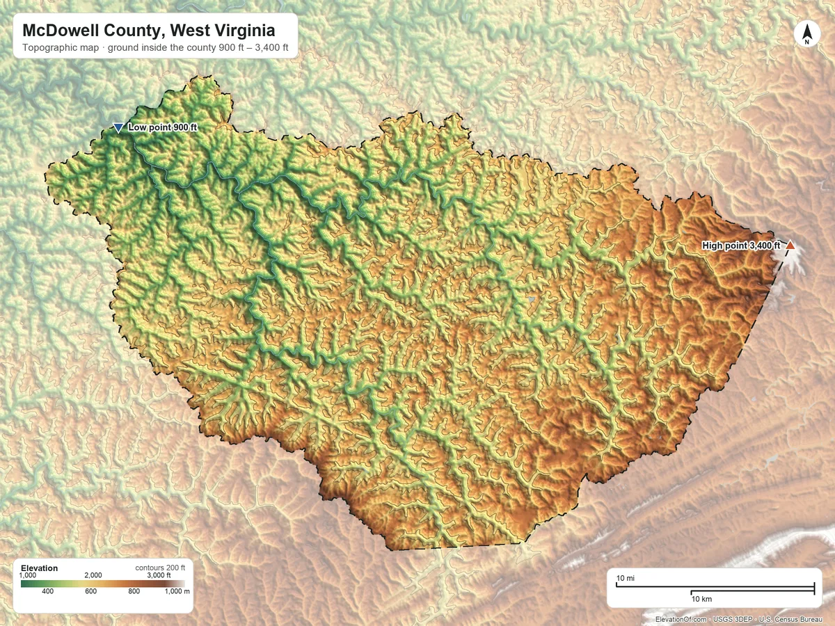 Topographic elevation map of McDowell County, West Virginia, shaded from 900 ft on the northwest side to 3,400 ft on the east side