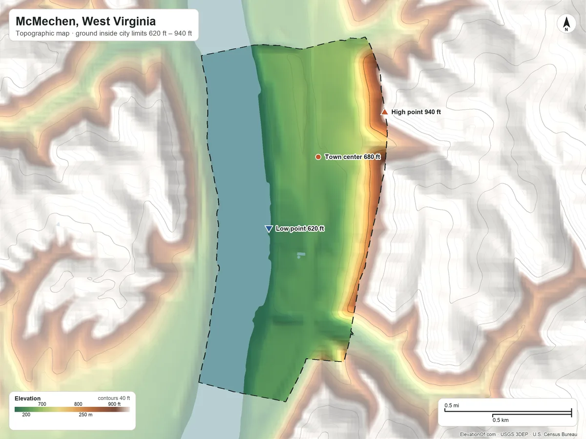 Topographic elevation map of McMechen, West Virginia, shaded from 620 ft on the southwest side to 940 ft on the northeast edge, below higher ground just outside
