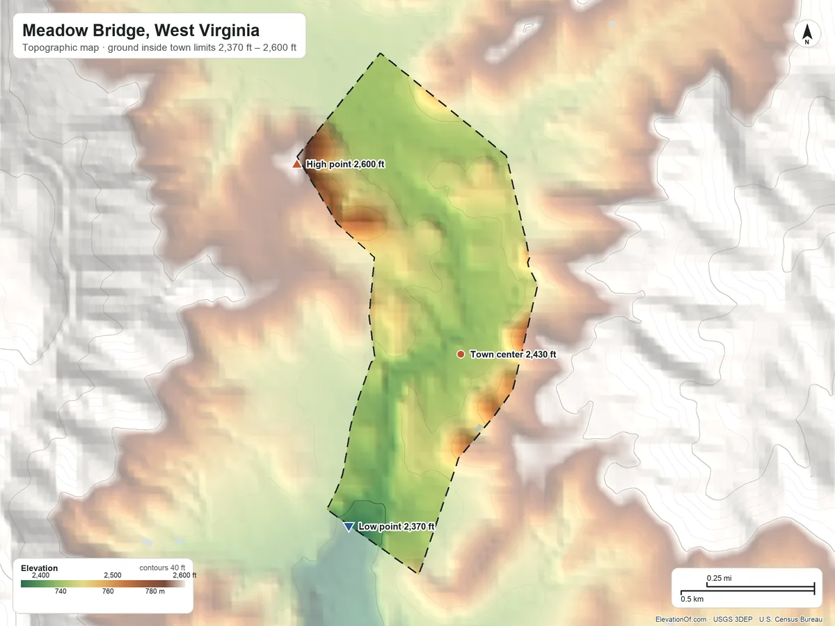 Topographic elevation map of Meadow Bridge, West Virginia, shaded from 2,370 ft on the southwest side to 2,600 ft on the northwest edge, below higher ground just outside