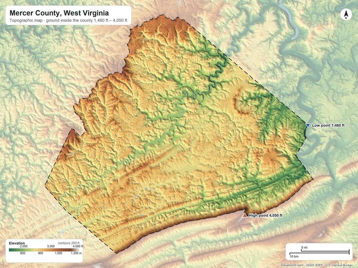 Topographic elevation map of Mercer County, West Virginia, shaded from 1,460 ft on the east side to 4,050 ft on the southeast side