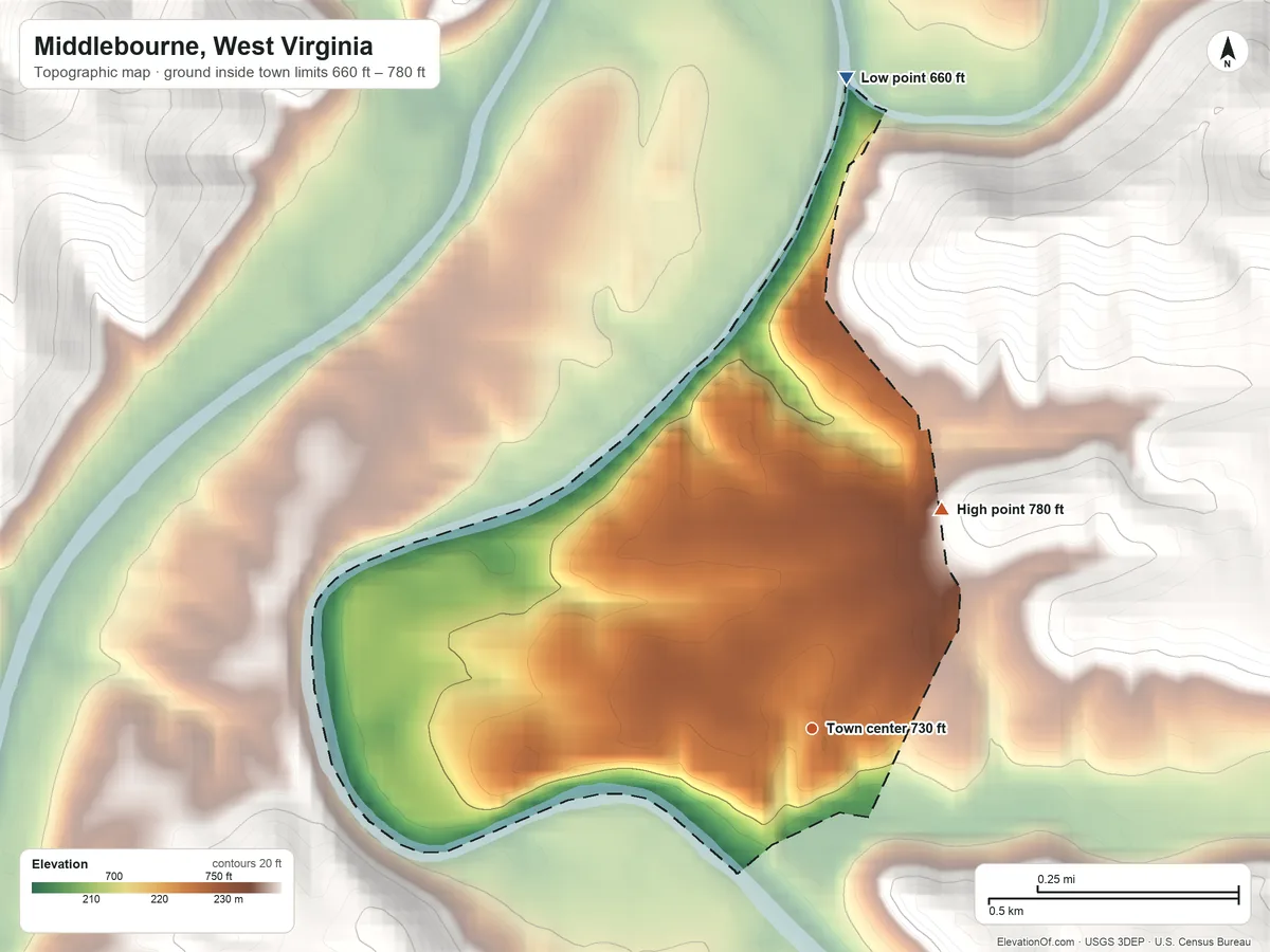 Topographic elevation map of Middlebourne, West Virginia, shaded from 660 ft on the north side to 780 ft on the northeast edge, below higher ground just outside