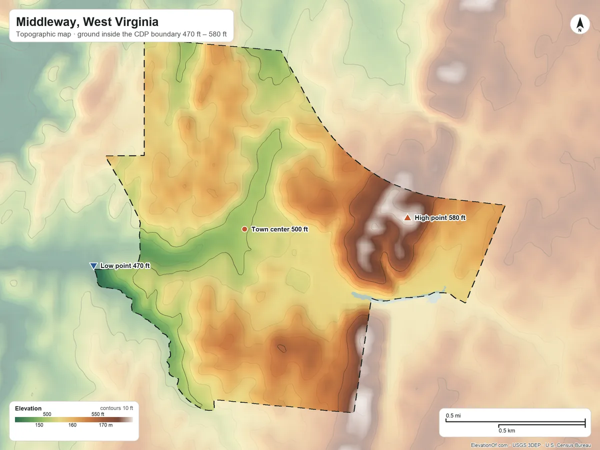 Topographic elevation map of Middleway, West Virginia, shaded from 470 ft on the west side to 580 ft on the east side